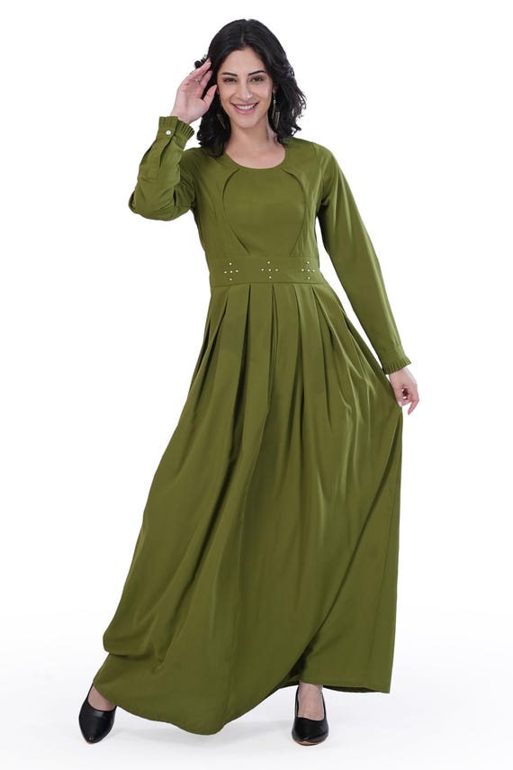 Olive Green Maxi Dress, Long Sleeve, Flowy A-Line, Beaded Waistband, Crepe Fabric