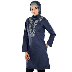 Navy Embroidered Cotton Tunic Top: Plus Size Kurti with Hijab