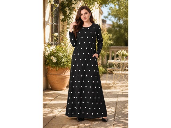 black and white maxi dress amazon Polka Dot Dress, Long Sleeve A-Line, Modest Flared Polyester kids-knee-length Black Chiffon Birthday Party Select Pant Waist Size:30 This versatile bandeau dress