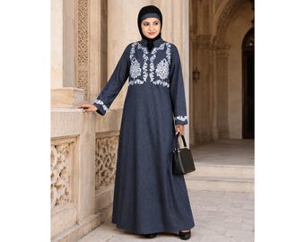 Blue Denim Abaya, Hand Embroidered Shrug Style, V-Neck Modest Wear