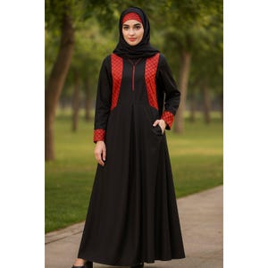 Black Nida Abaya: Red Brocade Detail, Matching Hijab
