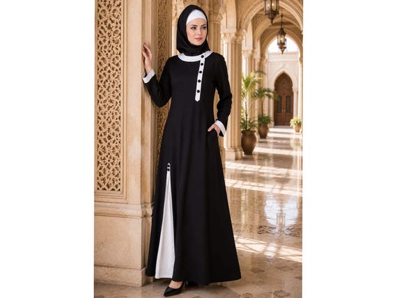 black and white modest dress Luna Black(White Lace) Lace Detail Tie Back Modest Dress House Of Haniya