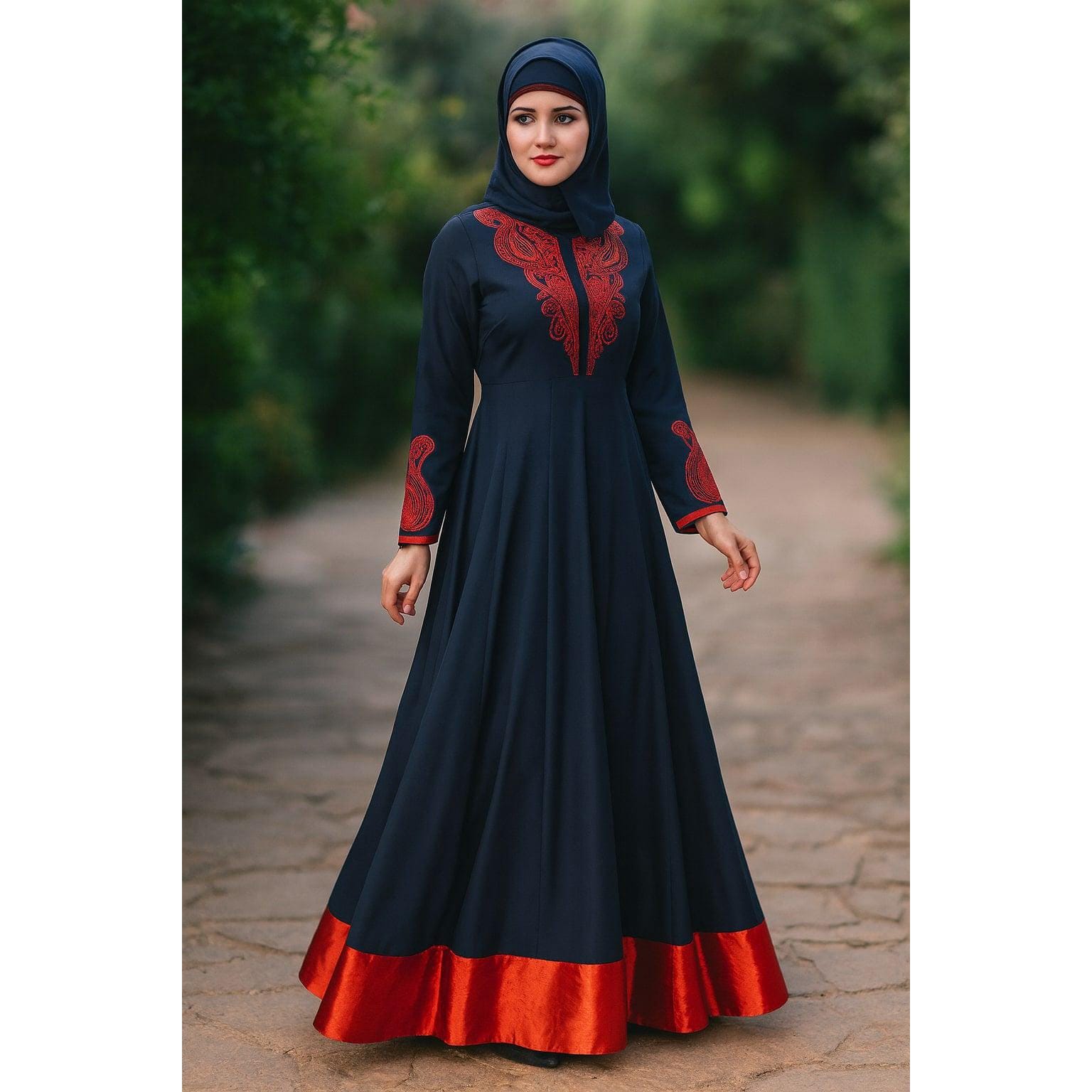 navy blue and red combination dress Embroidered Navy Blue & Red Abaya: Muslim Occasion Gown with Hijab