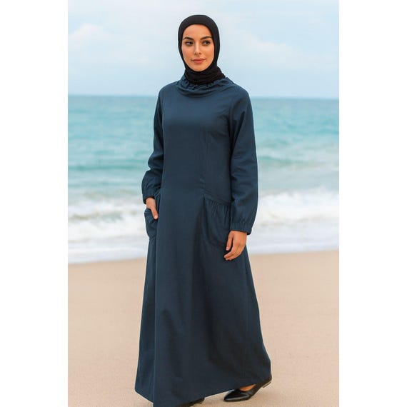 cotton abaya dress Navy Blue Cotton Abaya, Modest Maxi Dress, Pockets, Loose Fit, Matching Hijab