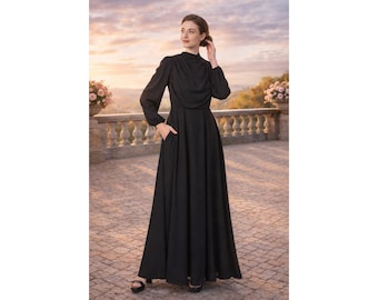 Black Maxi Dress, Cowl Neck, Long Sleeve, A-Line Gown, Minimalist Fashion