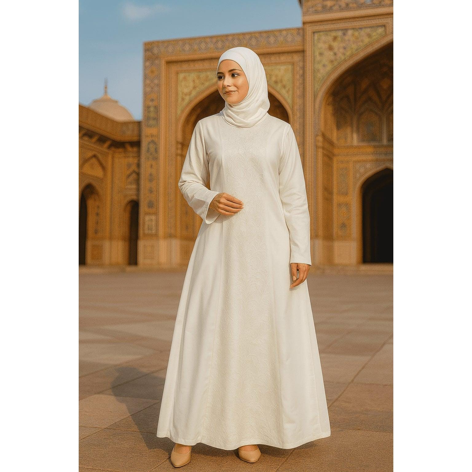 modern hijab clothing umrah dress code for ladies White Embroidered 100% Cotton Abaya With Hijab: Muslim Prayer Dress for Hajj  and Umrah
