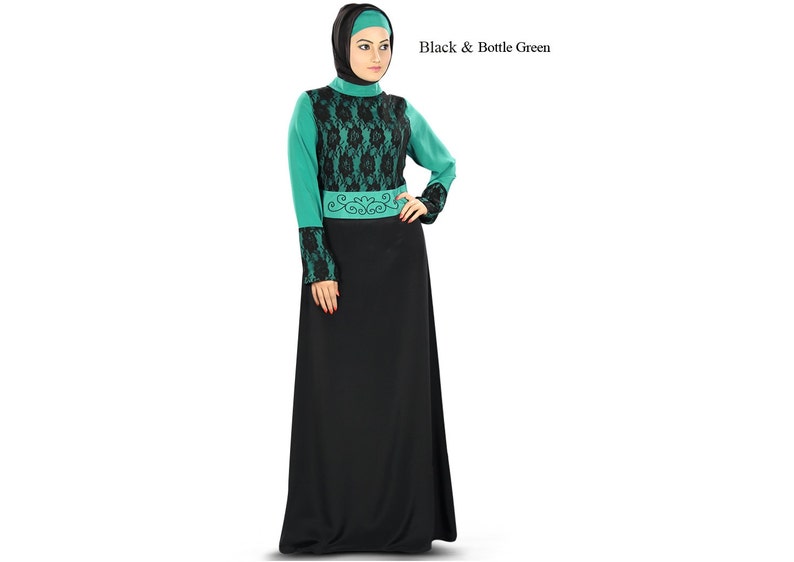 AY-336 Jilbab MyBatua Designer Black And Bottle Green Polyester Abaya Islamic Clothing Dubai Style Party And Occasion Wear Gown
