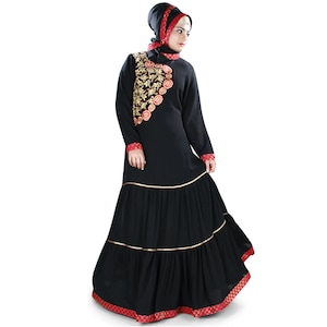 MyBatua Muslim Women Designer Black Polyester Abaya, Flared Umbrella Cut Traditional Elegant Embroidered Gown, Jilbab, Jalabiya, AY-407