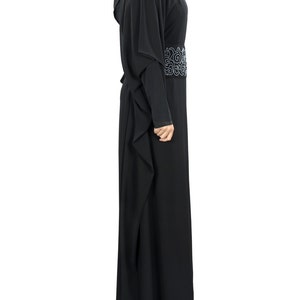 MyBatua Classic Traditional Black Soft Georgette Hand Embroidered Beaded Kaftan, Dubai Style Muslim Ladies Long Elegant Jalabiya, KF-005 image 5