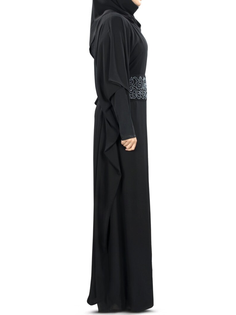 MyBatua Classic Traditional Black Soft Georgette Hand Embroidered Beaded Kaftan, Dubai Style Muslim Ladies Long Elegant Jalabiya, KF-005 image 5