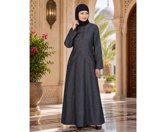 Blue Denim Abaya, Round Neck, Button Overlap, Running Stitch Detail, Plus Size