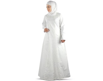 MyBatua moslimvrouwen elegante witte geborduurde katoen abaya, hadj en gebedskleding dames lange jurk, islamitische kleding, jilbab, AY-395