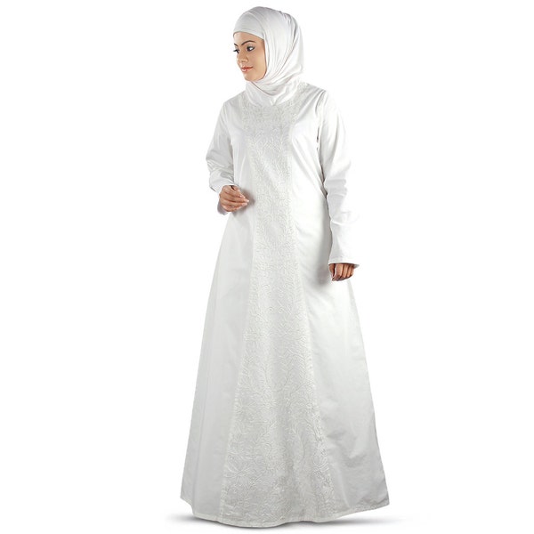 MyBatua moslimvrouwen elegante witte geborduurde katoen abaya, hadj en gebedskleding dames lange jurk, islamitische kleding, jilbab, AY-395