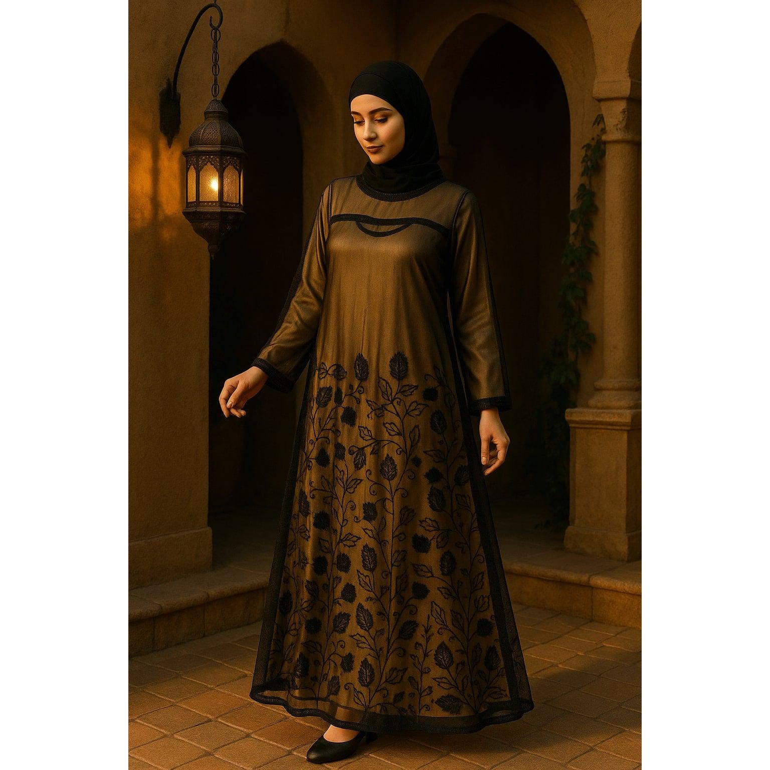 Embroidered Black Net Abaya: Formal Islamic Gown with Hijab