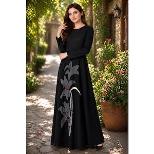 black dress with white flowers long sleeve Black and White Floral Wedding Dress with Long Puff Sleeves, 3D Flower Viniodress