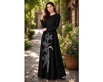 Black Maxi Dress, Floral Appliqué, Round Neck, Long Sleeve, Anarkali Style Flare