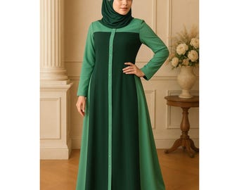 Green Kashibo Abaya, Dual Color Modest Maxi Dress, Islamic Clothing, Front Buttons