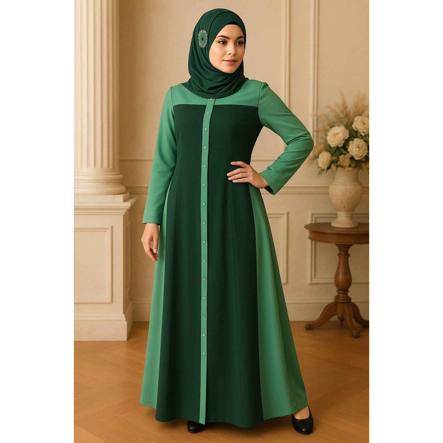 Green Kashibo Abaya, Dual Color Modest Maxi Dress, Islamic Clothing, Front Buttons