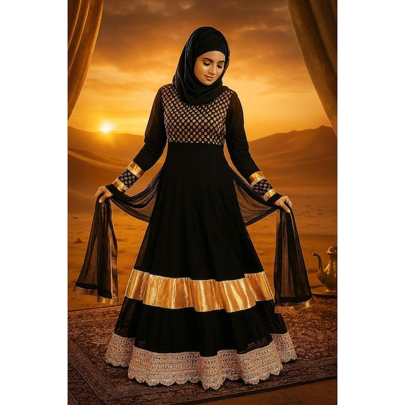 Black Nida Abaya with Gold Lace, Elegant Evening Modest Dress, Islamic Maxi Party Wear