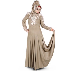 Khaki Rayon Abaya: Hand Embroidered Chikan Dress with Hijab