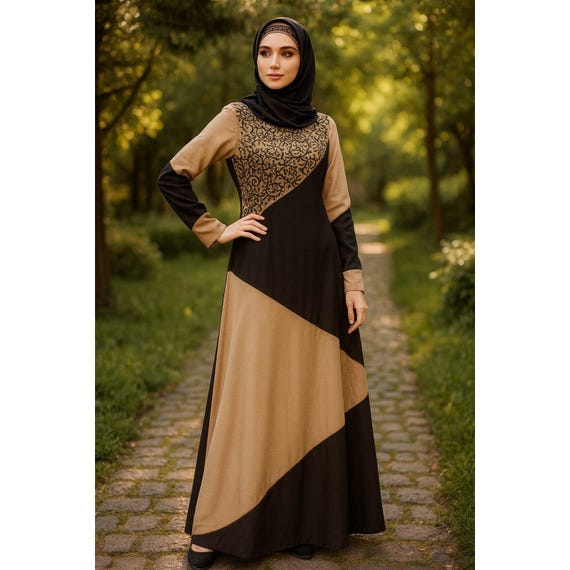 Khaki & Black Rayon Abaya with Floral Embroidery - Includes Hijab