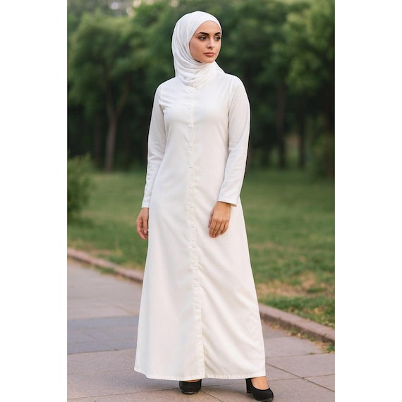 White Cotton Abaya for Hajj Umrah | Breathable Modest Maxi Dress, Button Front Islamic Clothing