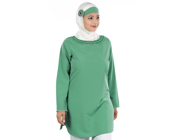 Hand Embroidered Light Green Tunic Dress: Muslim Party Wear with Hijab