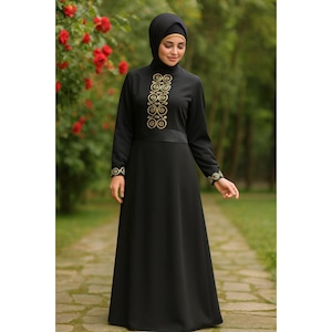 Black Nida Abaya with Embroidery: Islamic Women&#39;s Dress, Hijab Set