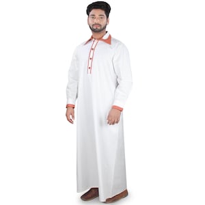White Poplin Rayon Galabiyya: Redwood Trim Men&#39;s Kurta Thawb