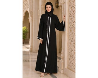 Black Nida Abaya with Off-White Lace Trim, Bell Sleeves, Utility Pockets