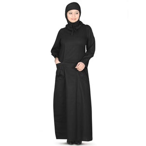 Black Cotton Abaya with Pockets: Islamic Gown, Jilbab with Hijab