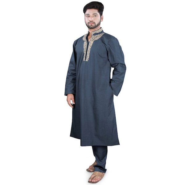 Pyjama kurta de coton bleu marine brodé gracieux avec des hommes de MyBatua, vêtements islamiques pour hommes, encolure à bande, KP-007