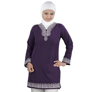 Embroidered Kashibo Tunic: Dark Purple Muslim Women&#39;s Kurti, Hijab Set
