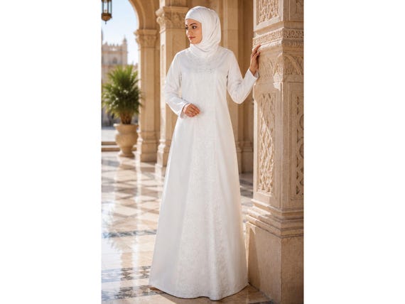 umrah dresses for ladies White Embroidered Cotton Abaya With Hijab, Modest Islamic Wear (plus Size) umrah dress code for ladies