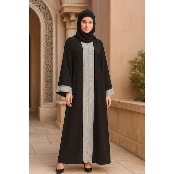 Black Abaya with Lace Trim | Modest Maxi Dress with Hijab, Nida Fabric Black Abaya with Lace Trim | Modest Maxi Dress with Hijab, Nida Fabric