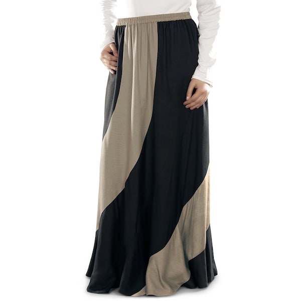 MyBatua trendy schwarzer und khakifarbener weicher Viskose-Rock, ausgefallene muslimische Damen mit langem, formellem und lässigem AS-005