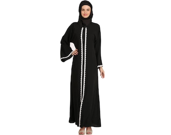 MyBatua Traditional Black Polyester Front Open Abaya, Dubai Simple Stylish Long Casual and Formal Wear Gown, Islamic Women Clothing, AY-526