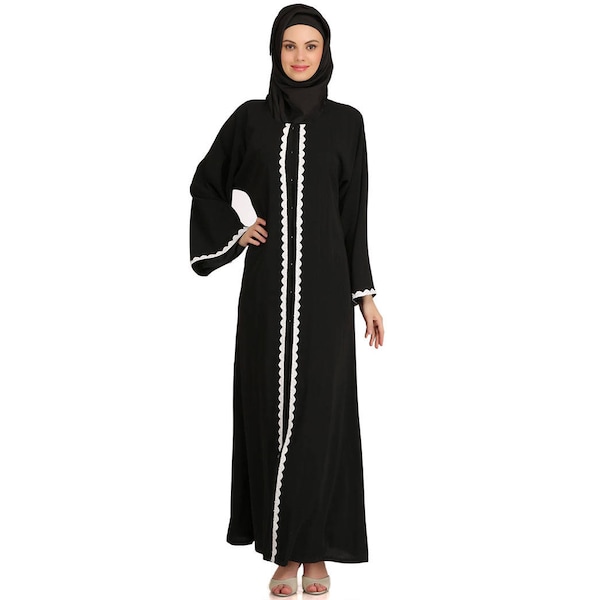 MyBatua Traditional Black Polyester Front Open Abaya, Dubai Simple Stylish Long Casual and Formal Wear Gown, Islamic Women Clothing, AY-526