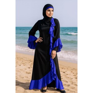 Black & Royal Blue Frilled Nida Abaya with Hijab