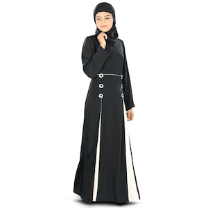 MyBatua Trendy Black And White Polyester Abaya, Beautiful Fancy Look Dubai Full Length Gown, Islamic Clothing, Jilbab, Jalabiya, AY-321
