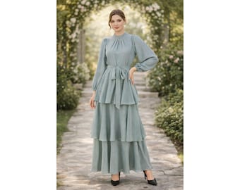 Sage Green Tiered Maxi Dress with Belt | Elegant Ruffle Gown, Long Sleeve