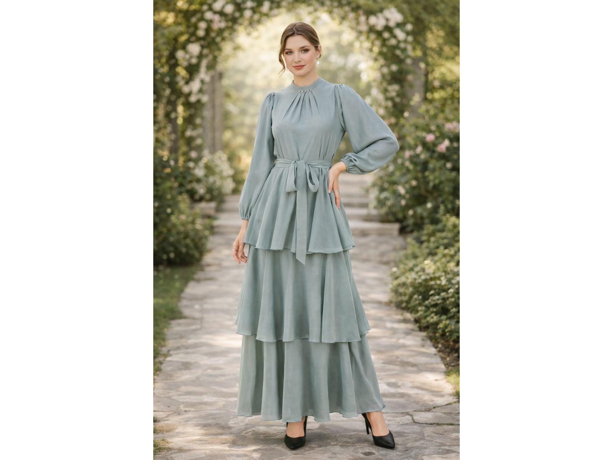 modest sage green dresses Modest Sage Satin Puffy Sleeve Dress With Bow – Lisposa