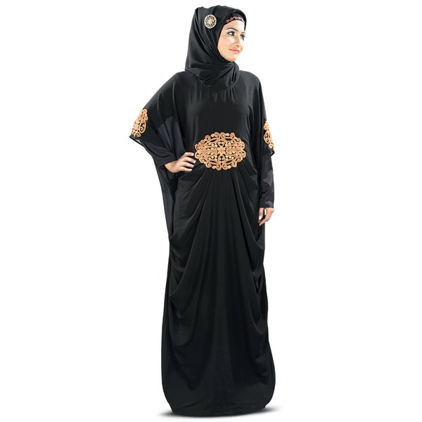 MyBatua Fancy Black And Copper Georgette Kaftan, Evening And Occasion Wear Muslim Ladies Embroidered Jalabiya, Islamic Clothing, KF-008C