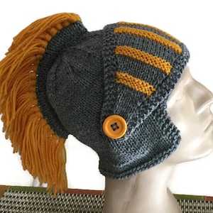 Knight  Hat with Fringe Blade, knitted sir knight hat,  acrylic, helmet, hat, costume sir knight, winter hat, knitted head dress