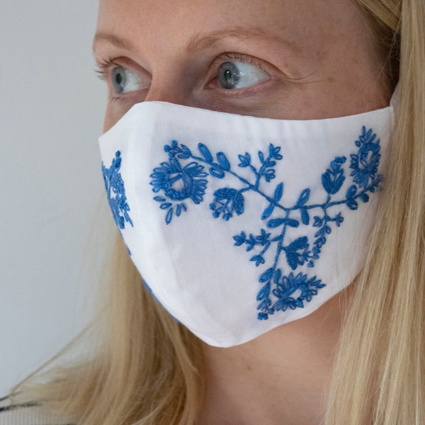 Organic Cotton Blue and White Embroidered Face Mask