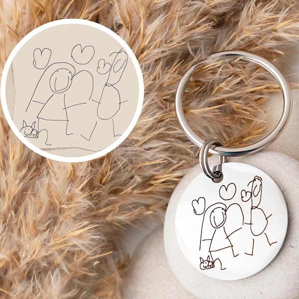 Gift for Dad Daddy Mum Mummy, Drawing Keyring, Personalised Child's Artwork Keychain, Custom Portrait Engraved Keyring, Custom Kids Drawing