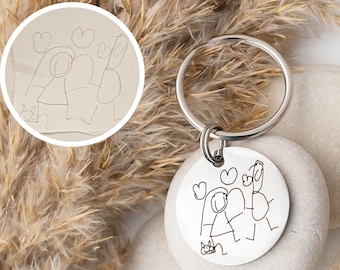 Custom Kids Drawing, Personalised Gift, Children's Drawing Keyring, Photo Keyring, Gift for dad, Gifts for Grandad, Keychain Fob