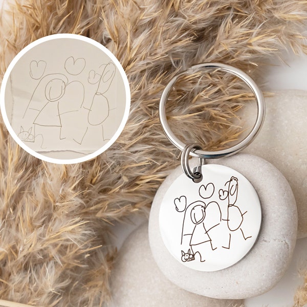 Custom Kids Drawing, Personalised Gift, Children's Drawing Keyring, Photo Keyring, Gift for dad, Gifts for Grandad, Keychain Fob