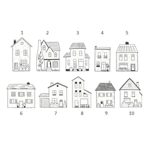 May include: Black and white line drawing illustration of ten different house designs. Each house is numbered 1 through 10.