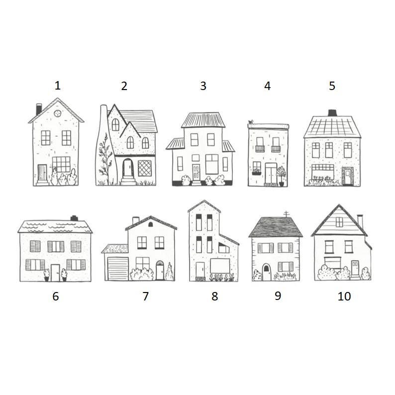 May include: Black and white line drawing illustration of ten different house designs. Each house is numbered 1 through 10.